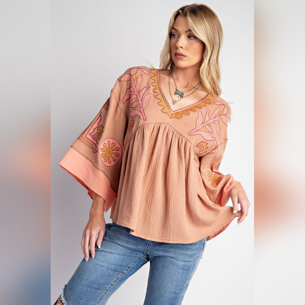 Embroidered Peach V-Neck Peasant Top